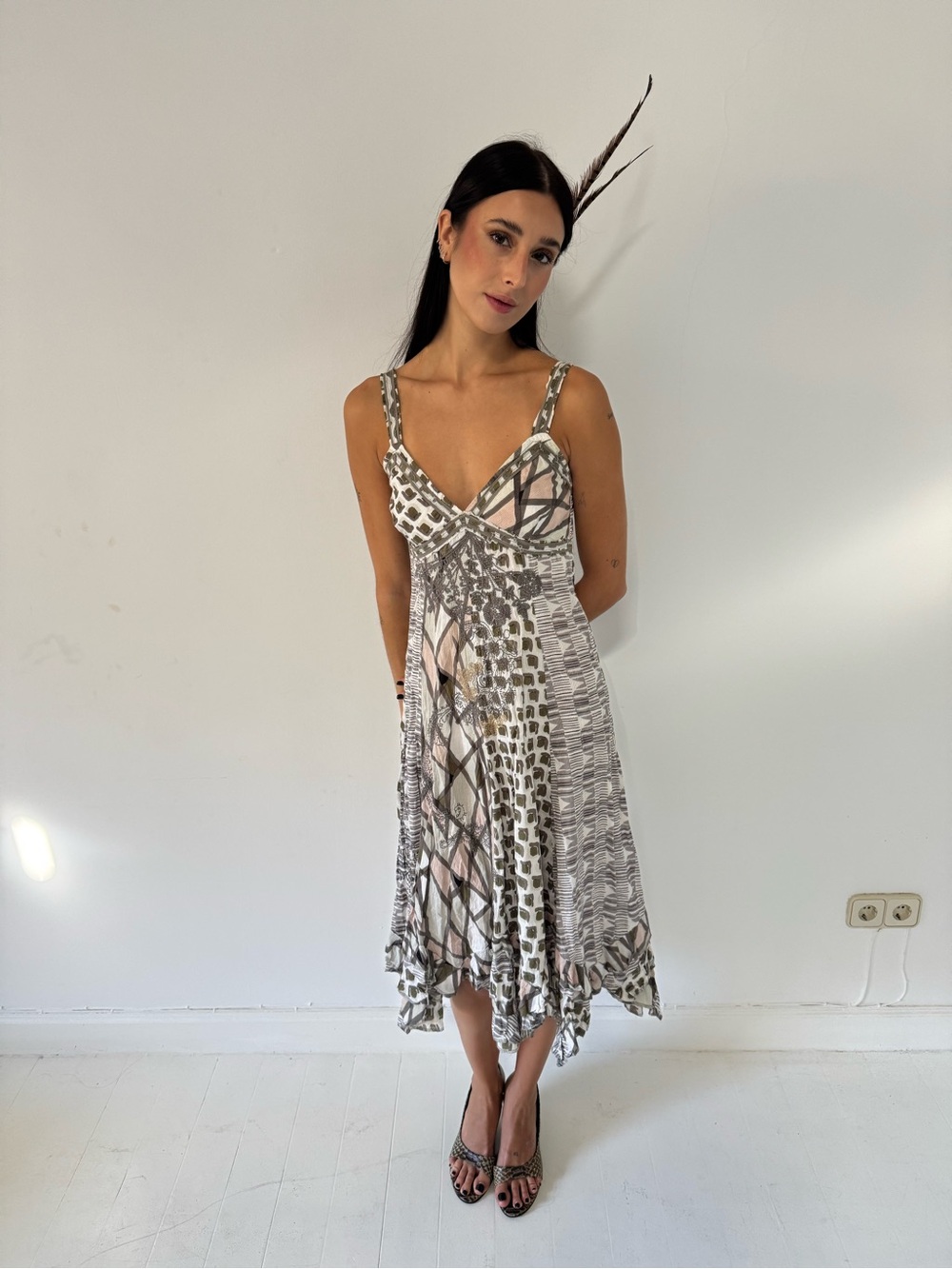 Neutral-Tone Printed V-Neck Midi Dress